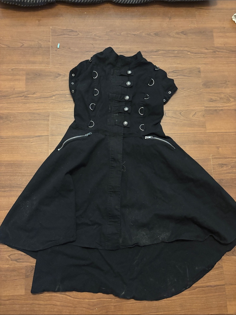 Black Gothic-Inspired Dress with Decorative Ring and Button Details